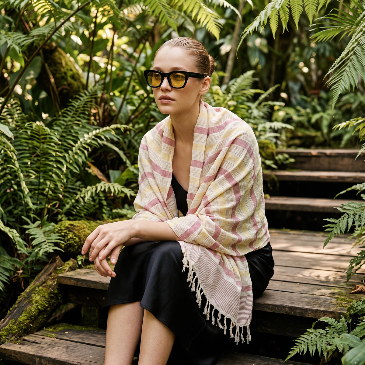 Woman wearing a handwoven Egyptian shawl in a tropical setting